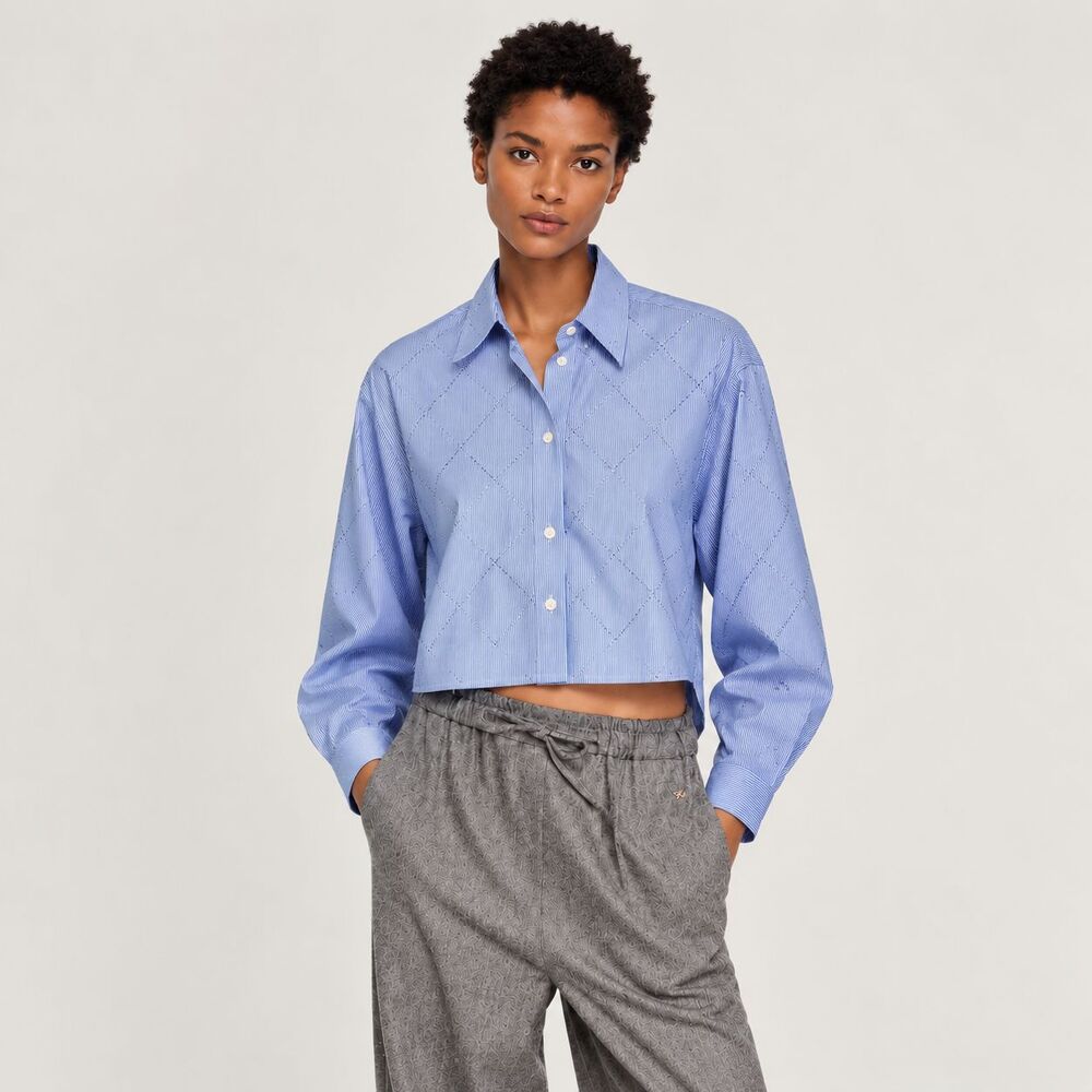 Jason Wu Pinstripe Cropped Button Up Shirt Blue Embellished Size M